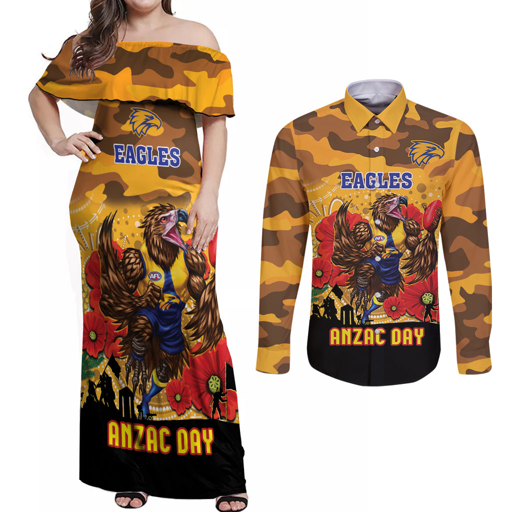Custom Eagles Football ANZAC Couples Matching Off Shoulder Maxi Dress and Long Sleeve Button Shirt Gallipoli Camouflage With Poppies