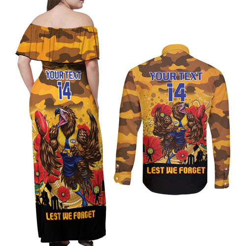Custom Eagles Football ANZAC Couples Matching Off Shoulder Maxi Dress and Long Sleeve Button Shirt Gallipoli Camouflage With Poppies