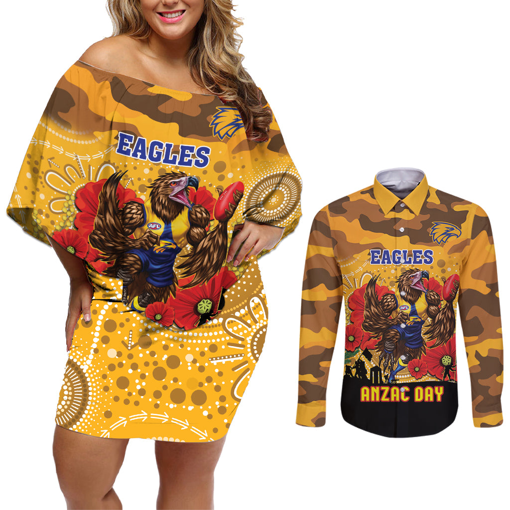 Custom Eagles Football ANZAC Couples Matching Off Shoulder Short Dress and Long Sleeve Button Shirt Gallipoli Camouflage With Poppies