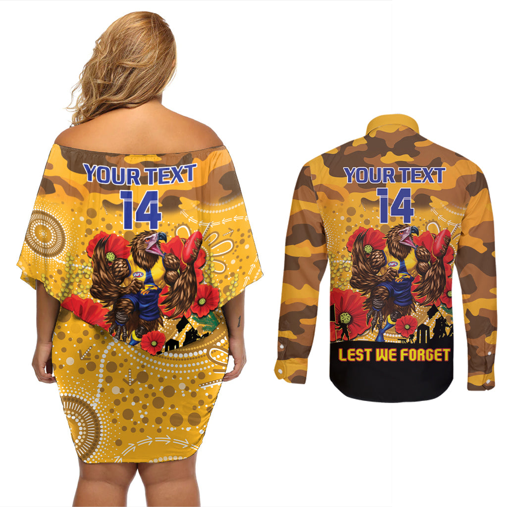 Custom Eagles Football ANZAC Couples Matching Off Shoulder Short Dress and Long Sleeve Button Shirt Gallipoli Camouflage With Poppies