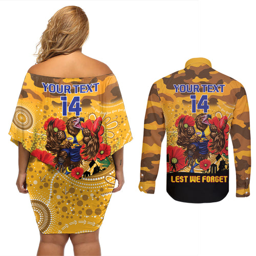 Custom Eagles Football ANZAC Couples Matching Off Shoulder Short Dress and Long Sleeve Button Shirt Gallipoli Camouflage With Poppies