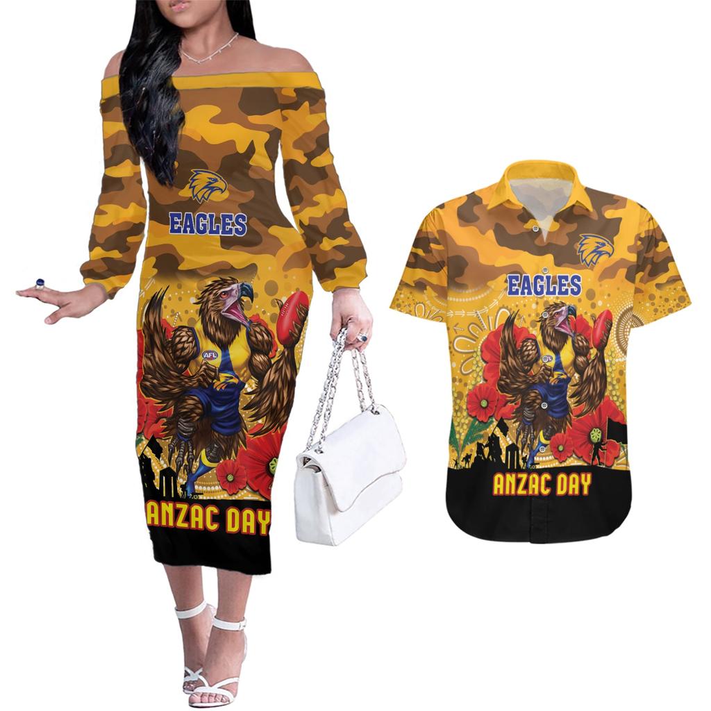 Custom Eagles Football ANZAC Couples Matching Off The Shoulder Long Sleeve Dress and Hawaiian Shirt Gallipoli Camouflage With Poppies