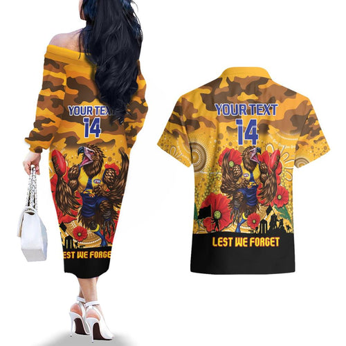 Custom Eagles Football ANZAC Couples Matching Off The Shoulder Long Sleeve Dress and Hawaiian Shirt Gallipoli Camouflage With Poppies