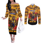 Custom Eagles Football ANZAC Couples Matching Off The Shoulder Long Sleeve Dress and Long Sleeve Button Shirt Gallipoli Camouflage With Poppies