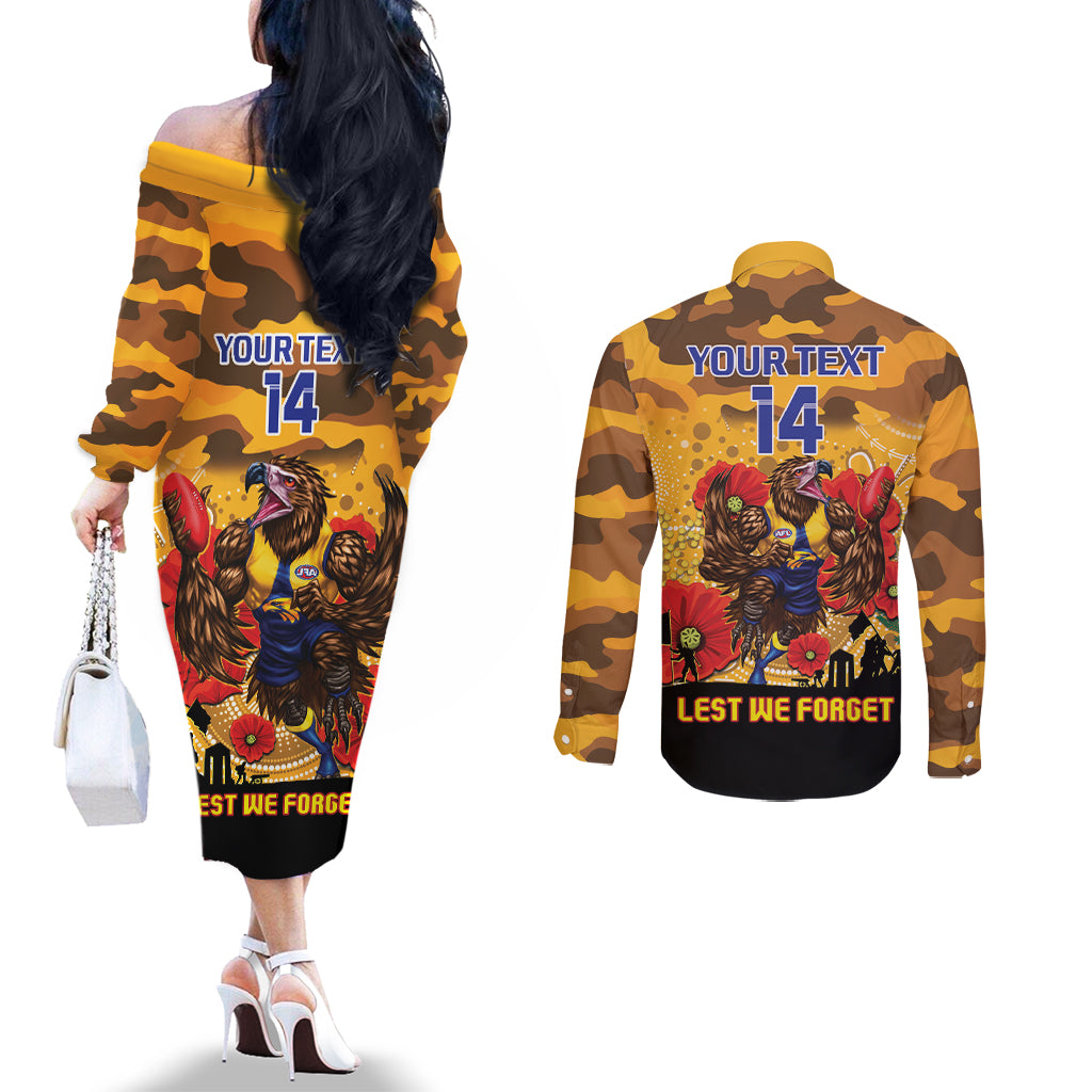 Custom Eagles Football ANZAC Couples Matching Off The Shoulder Long Sleeve Dress and Long Sleeve Button Shirt Gallipoli Camouflage With Poppies