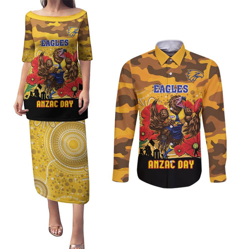 Custom Eagles Football ANZAC Couples Matching Puletasi and Long Sleeve Button Shirt Gallipoli Camouflage With Poppies