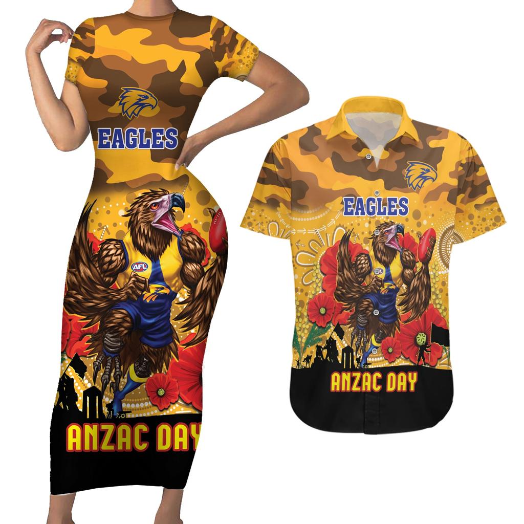Custom Eagles Football ANZAC Couples Matching Short Sleeve Bodycon Dress and Hawaiian Shirt Gallipoli Camouflage With Poppies