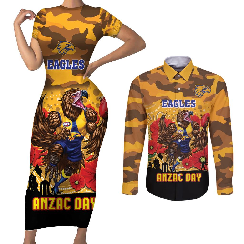 Custom Eagles Football ANZAC Couples Matching Short Sleeve Bodycon Dress and Long Sleeve Button Shirt Gallipoli Camouflage With Poppies