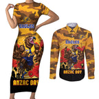 Custom Eagles Football ANZAC Couples Matching Short Sleeve Bodycon Dress and Long Sleeve Button Shirt Gallipoli Camouflage With Poppies