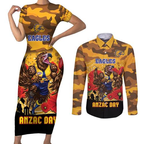 Custom Eagles Football ANZAC Couples Matching Short Sleeve Bodycon Dress and Long Sleeve Button Shirt Gallipoli Camouflage With Poppies