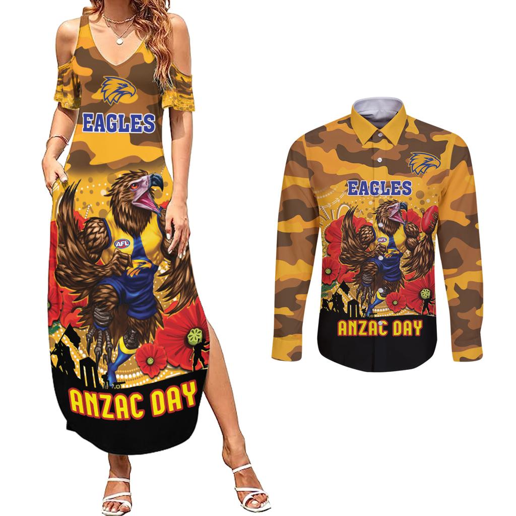 Custom Eagles Football ANZAC Couples Matching Summer Maxi Dress and Long Sleeve Button Shirt Gallipoli Camouflage With Poppies