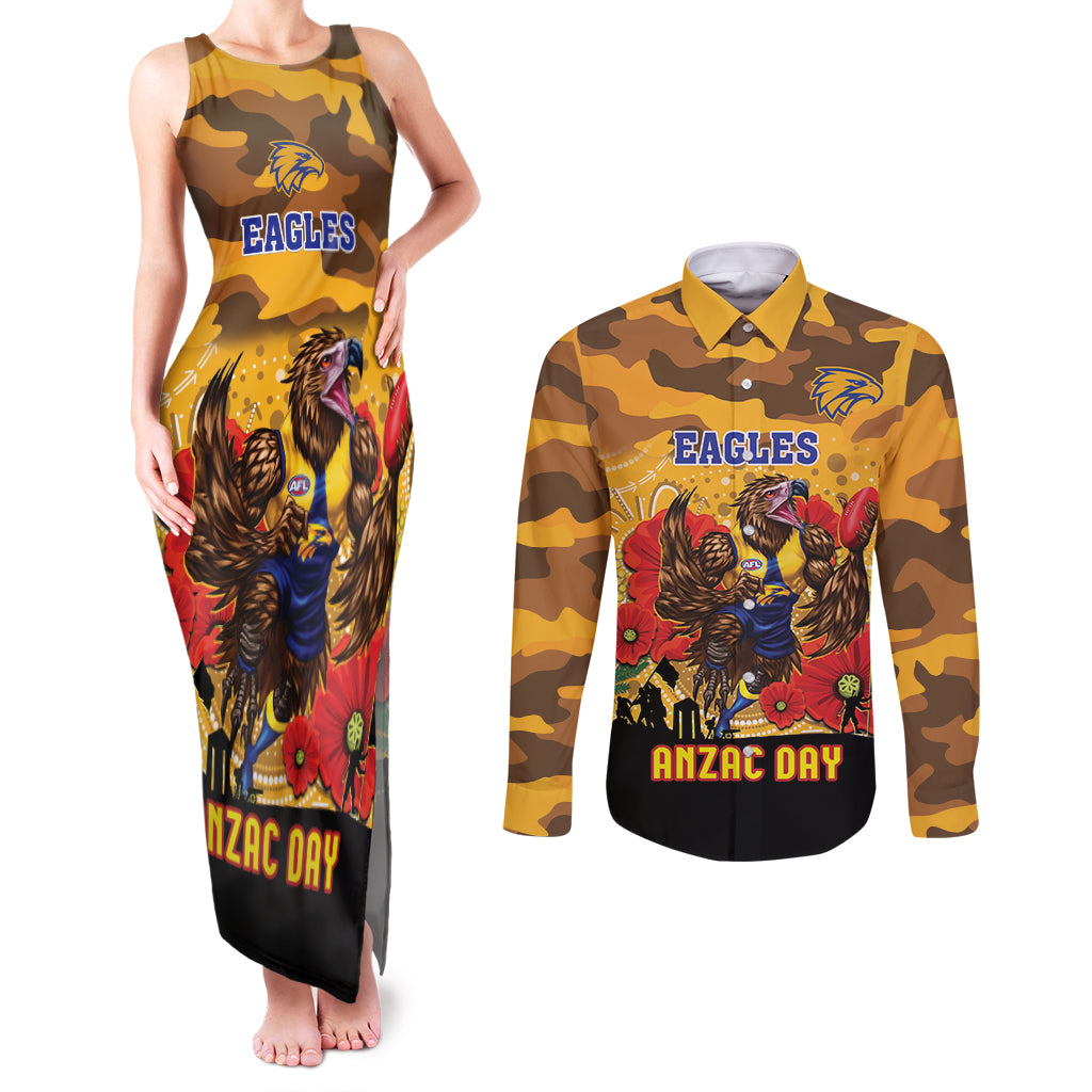 Custom Eagles Football ANZAC Couples Matching Tank Maxi Dress and Long Sleeve Button Shirt Gallipoli Camouflage With Poppies