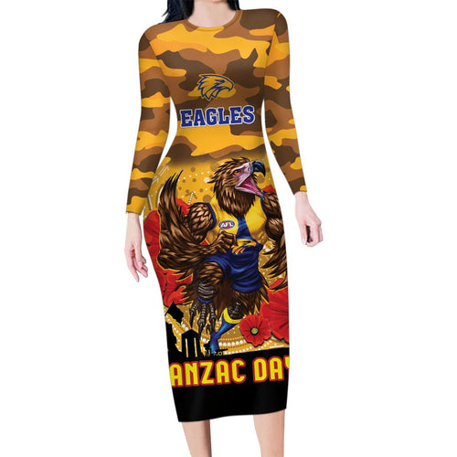 Custom Eagles Football ANZAC Family Matching Long Sleeve Bodycon Dress and Hawaiian Shirt Gallipoli Camouflage With Poppies