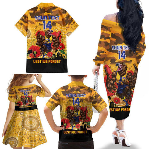 Custom Eagles Football ANZAC Family Matching Off Shoulder Long Sleeve Dress and Hawaiian Shirt Gallipoli Camouflage With Poppies