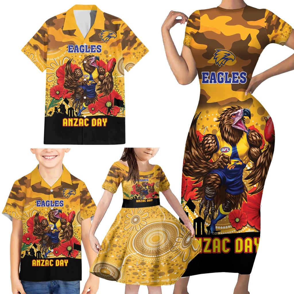 Custom Eagles Football ANZAC Family Matching Short Sleeve Bodycon Dress and Hawaiian Shirt Gallipoli Camouflage With Poppies