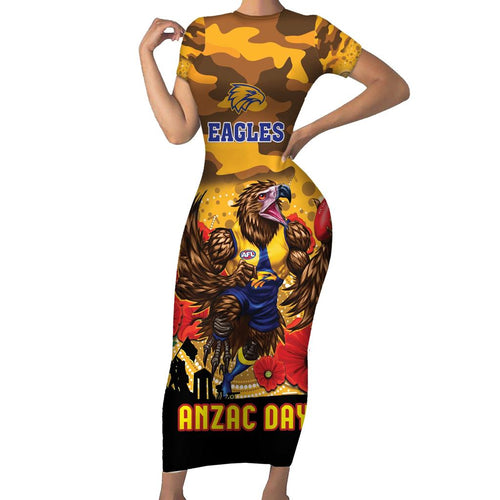Custom Eagles Football ANZAC Family Matching Short Sleeve Bodycon Dress and Hawaiian Shirt Gallipoli Camouflage With Poppies