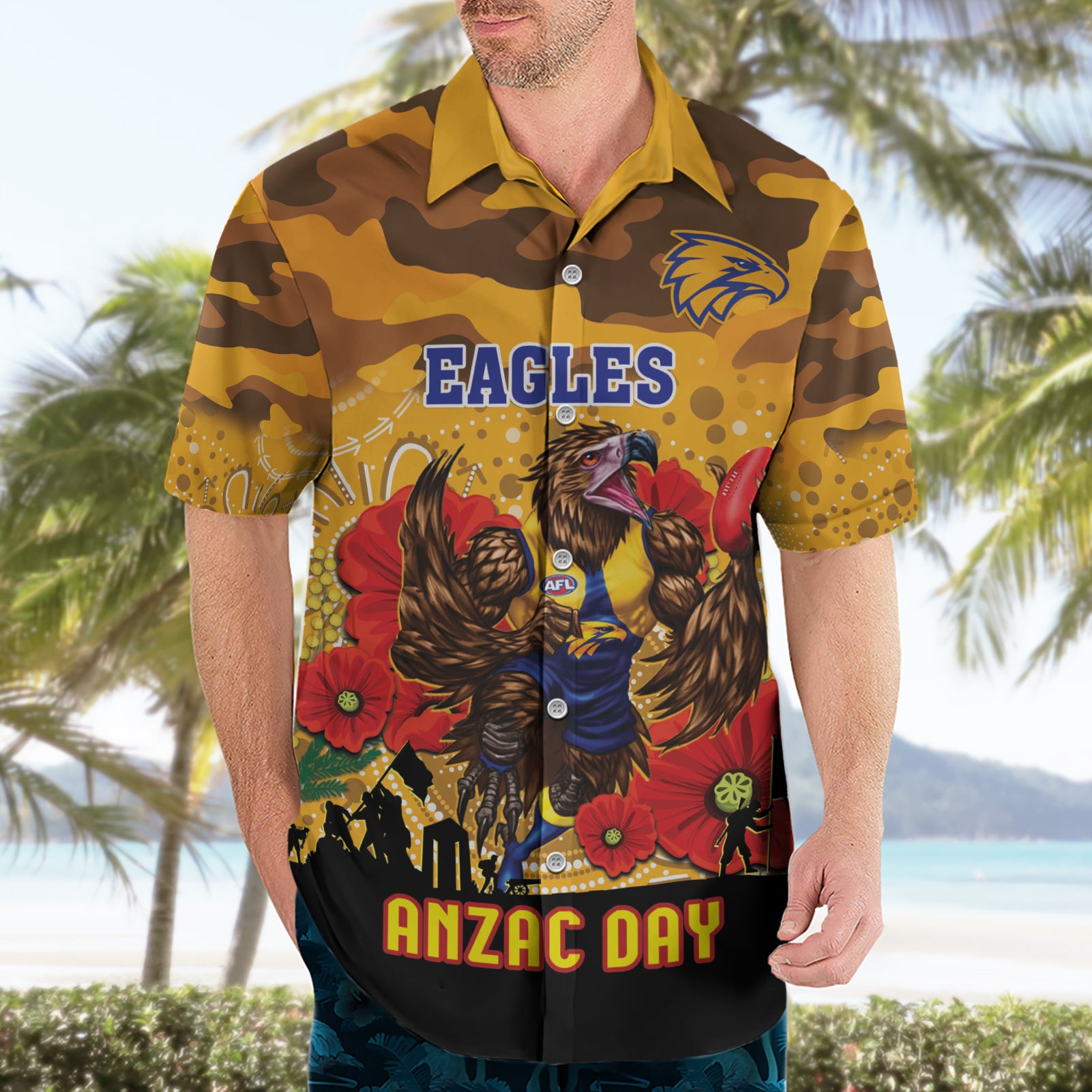 Custom Eagles Football ANZAC Hawaiian Shirt Gallipoli Camouflage With Poppies