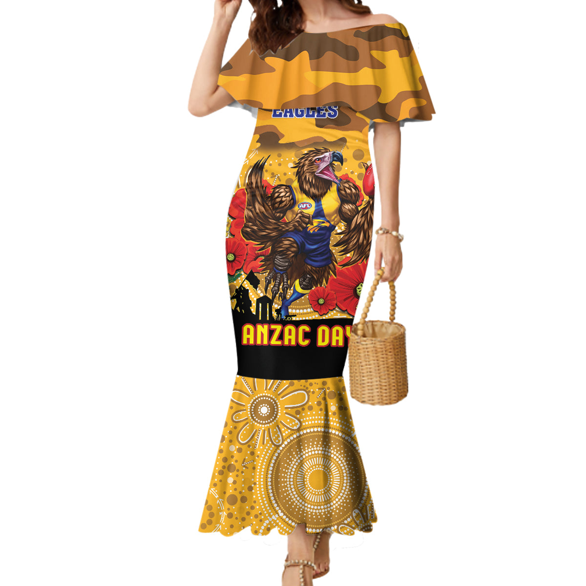 Custom Eagles Football ANZAC Mermaid Dress Gallipoli Camouflage With Poppies