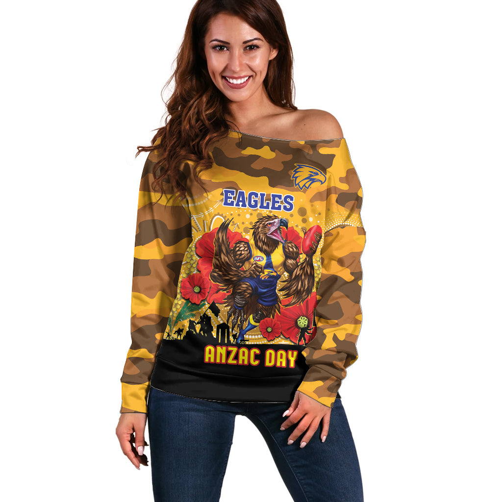 Custom Eagles Football ANZAC Off Shoulder Sweater Gallipoli Camouflage With Poppies