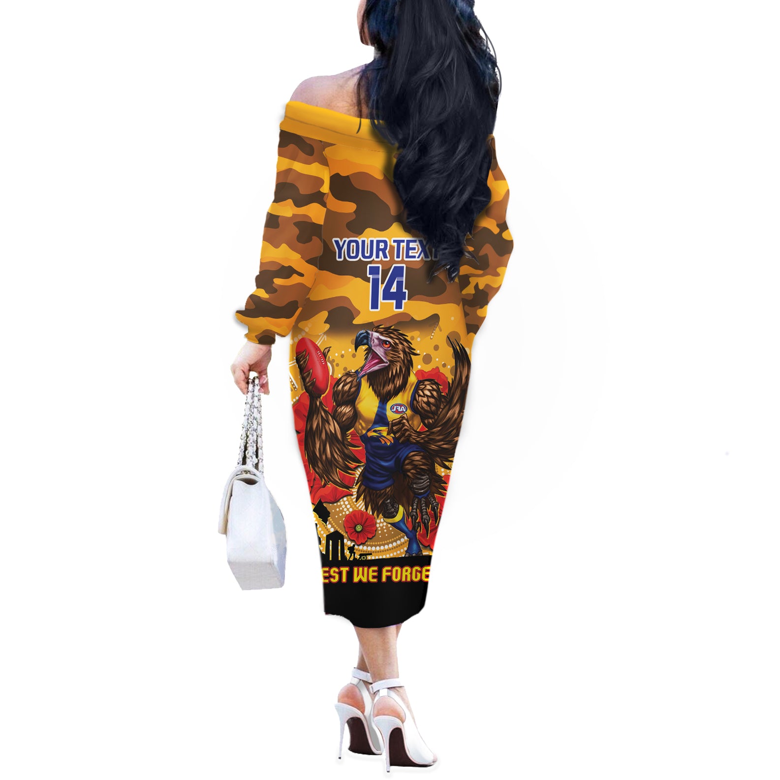 Custom Eagles Football ANZAC Off The Shoulder Long Sleeve Dress Gallipoli Camouflage With Poppies