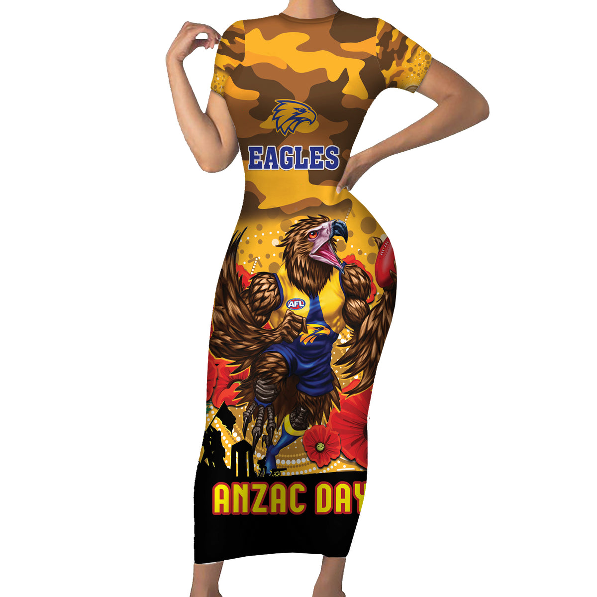 Custom Eagles Football ANZAC Short Sleeve Bodycon Dress Gallipoli Camouflage With Poppies