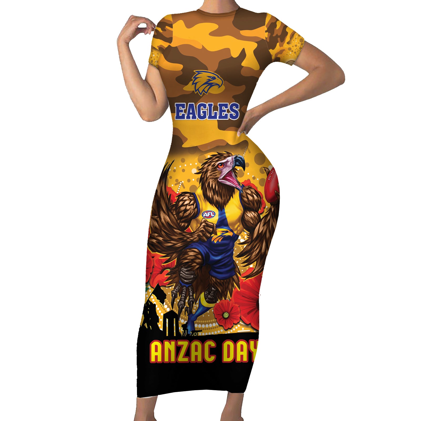 Custom Eagles Football ANZAC Short Sleeve Bodycon Dress Gallipoli Camouflage With Poppies