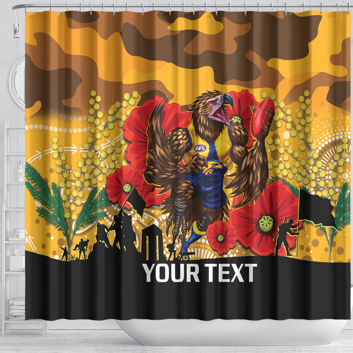 Custom Eagles Football ANZAC Shower Curtain Gallipoli Camouflage With Poppies