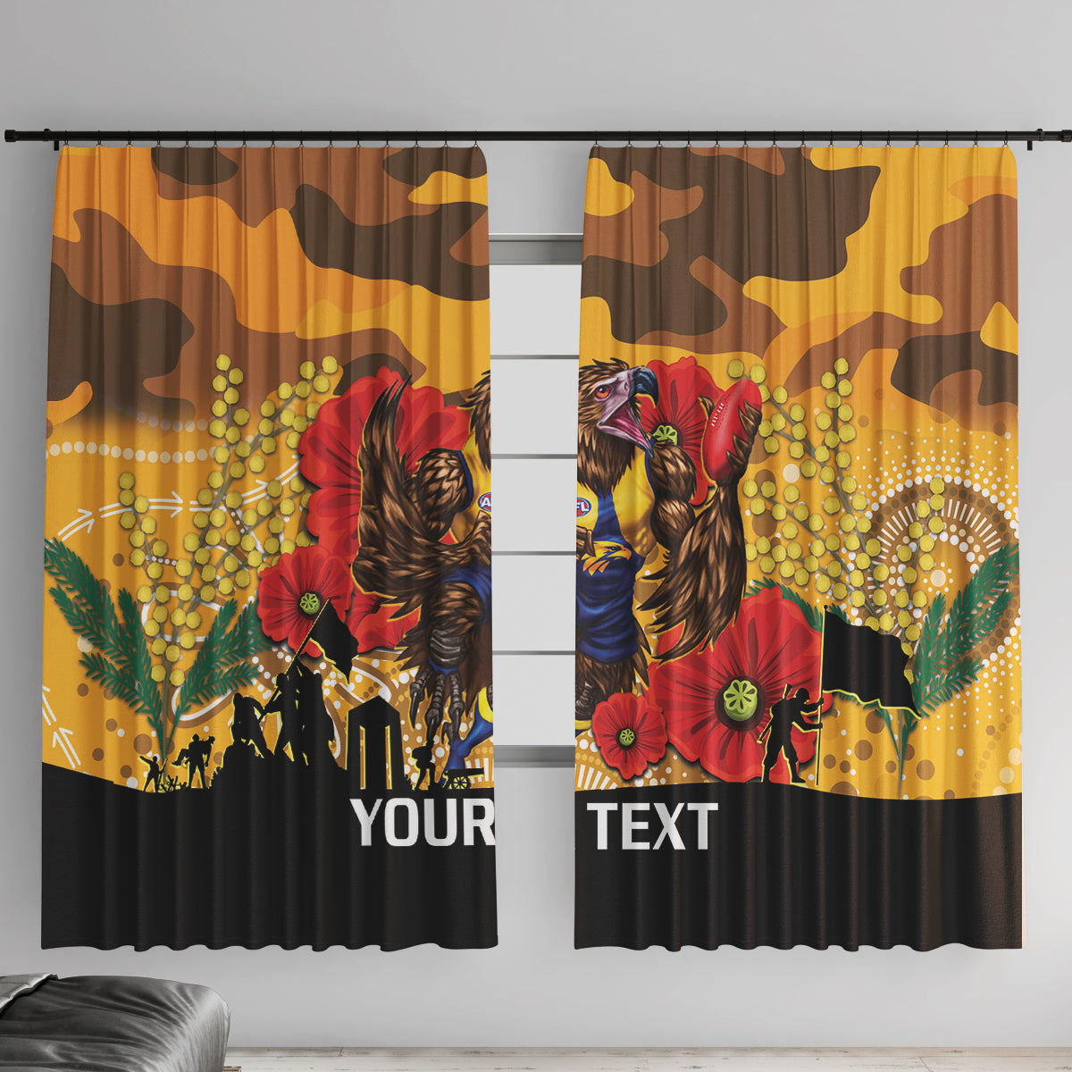 Custom Eagles Football ANZAC Window Curtain Gallipoli Camouflage With Poppies