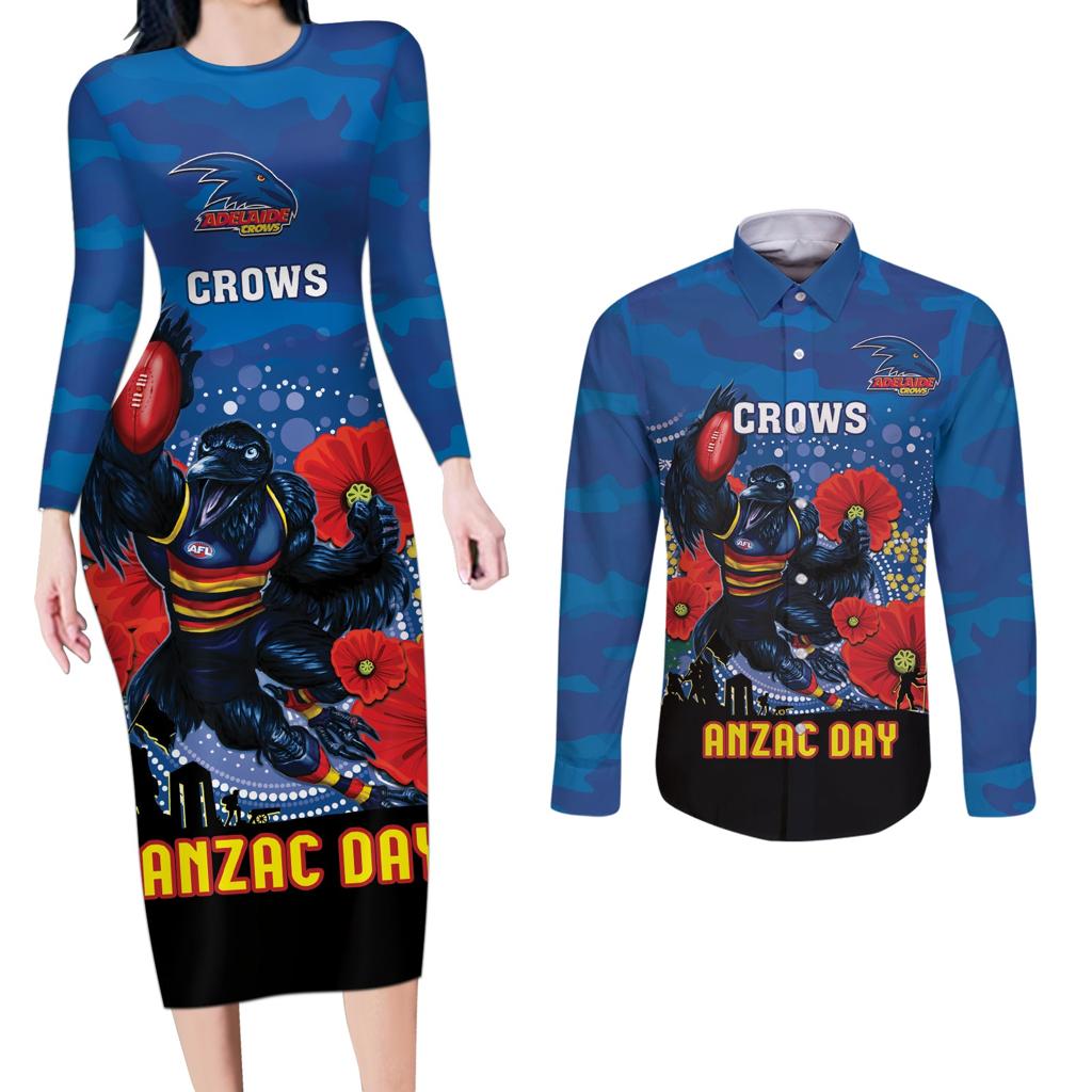 Custom Crows Football ANZAC Couples Matching Long Sleeve Bodycon Dress and Long Sleeve Button Shirt Gallipoli Camouflage With Poppies