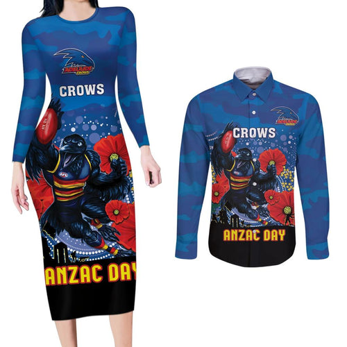 Custom Crows Football ANZAC Couples Matching Long Sleeve Bodycon Dress and Long Sleeve Button Shirt Gallipoli Camouflage With Poppies