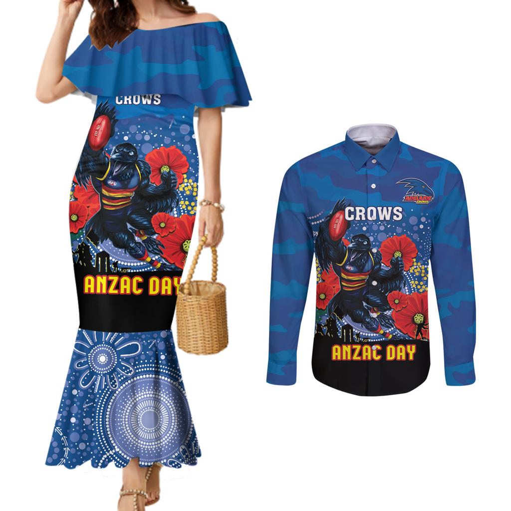 Custom Crows Football ANZAC Couples Matching Mermaid Dress and Long Sleeve Button Shirt Gallipoli Camouflage With Poppies