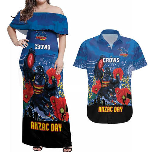 Custom Crows Football ANZAC Couples Matching Off Shoulder Maxi Dress and Hawaiian Shirt Gallipoli Camouflage With Poppies