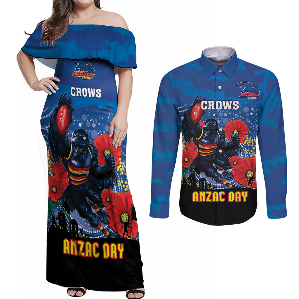 Custom Crows Football ANZAC Couples Matching Off Shoulder Maxi Dress and Long Sleeve Button Shirt Gallipoli Camouflage With Poppies