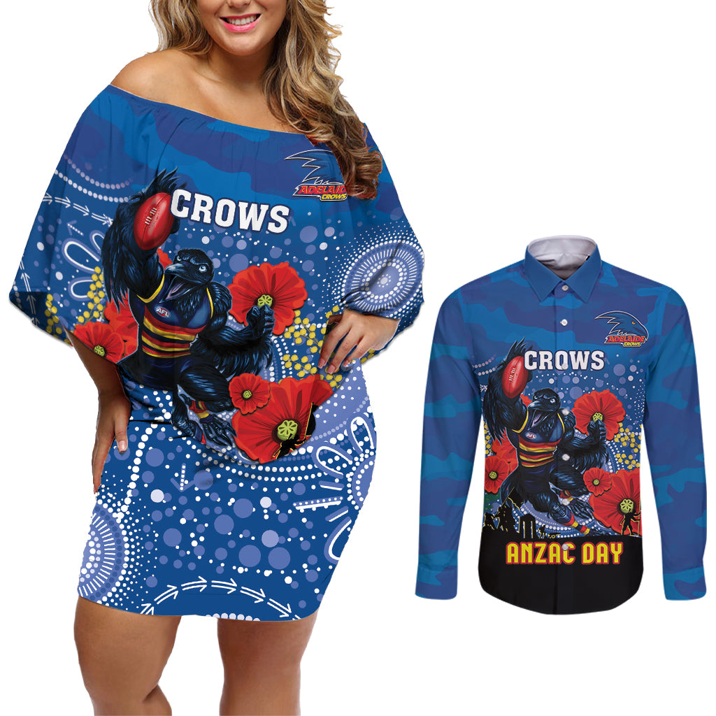 Custom Crows Football ANZAC Couples Matching Off Shoulder Short Dress and Long Sleeve Button Shirt Gallipoli Camouflage With Poppies
