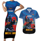 Custom Crows Football ANZAC Couples Matching Short Sleeve Bodycon Dress and Hawaiian Shirt Gallipoli Camouflage With Poppies