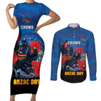 Custom Crows Football ANZAC Couples Matching Short Sleeve Bodycon Dress and Long Sleeve Button Shirt Gallipoli Camouflage With Poppies