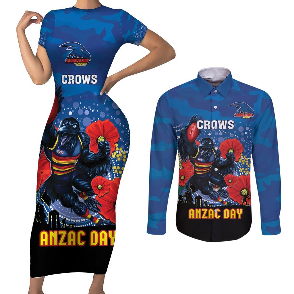 Custom Crows Football ANZAC Couples Matching Short Sleeve Bodycon Dress and Long Sleeve Button Shirt Gallipoli Camouflage With Poppies
