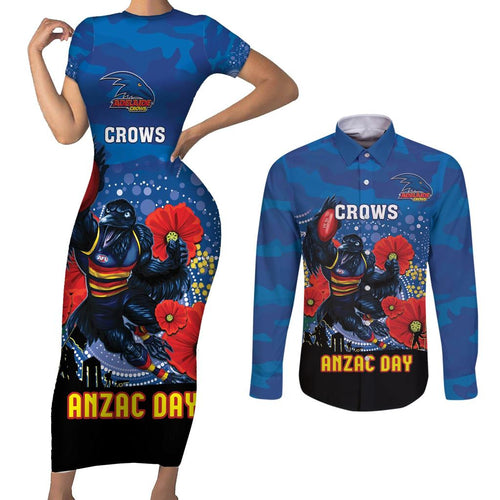 Custom Crows Football ANZAC Couples Matching Short Sleeve Bodycon Dress and Long Sleeve Button Shirt Gallipoli Camouflage With Poppies