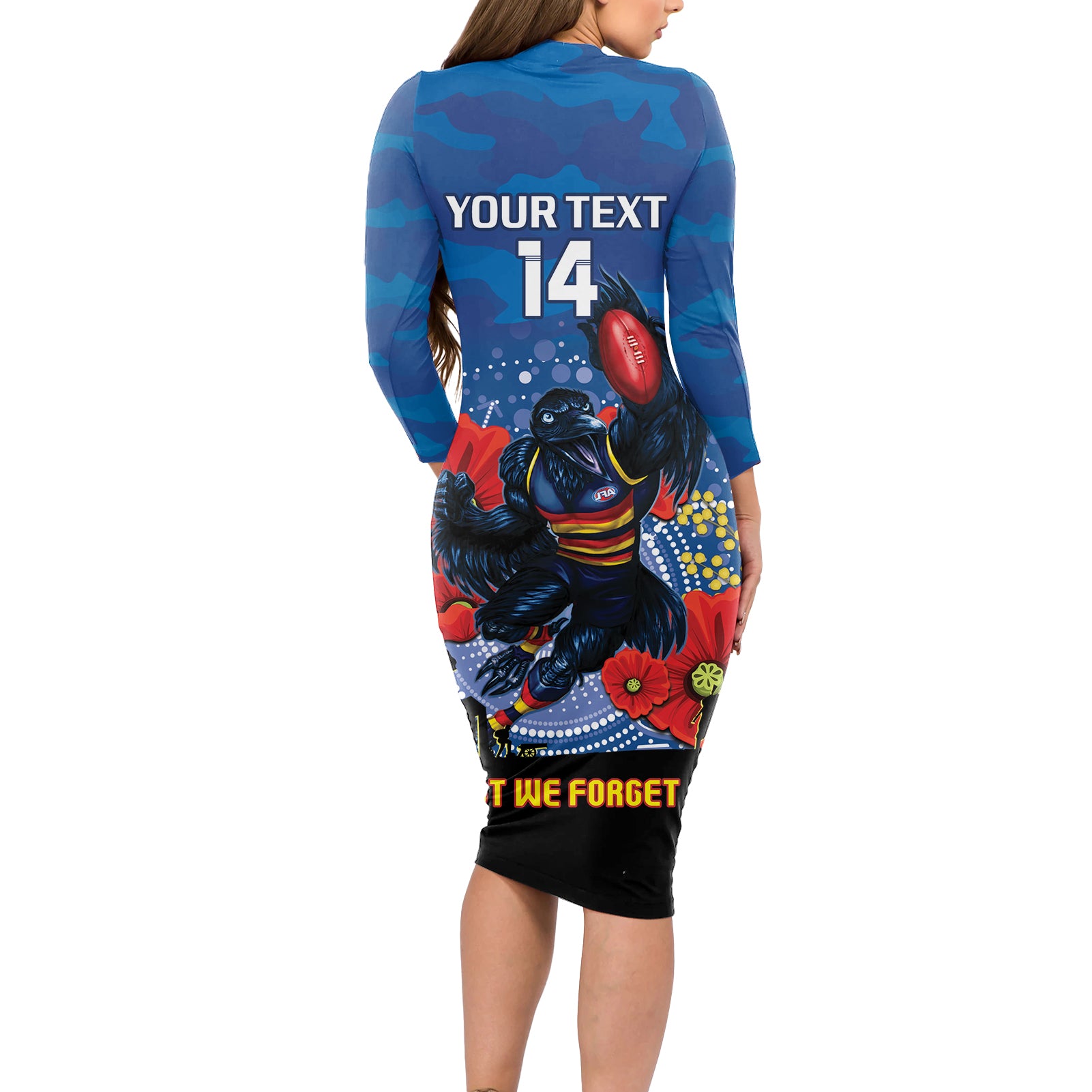 Custom Crows Football ANZAC Long Sleeve Bodycon Dress Gallipoli Camouflage With Poppies