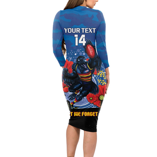 Custom Crows Football ANZAC Long Sleeve Bodycon Dress Gallipoli Camouflage With Poppies