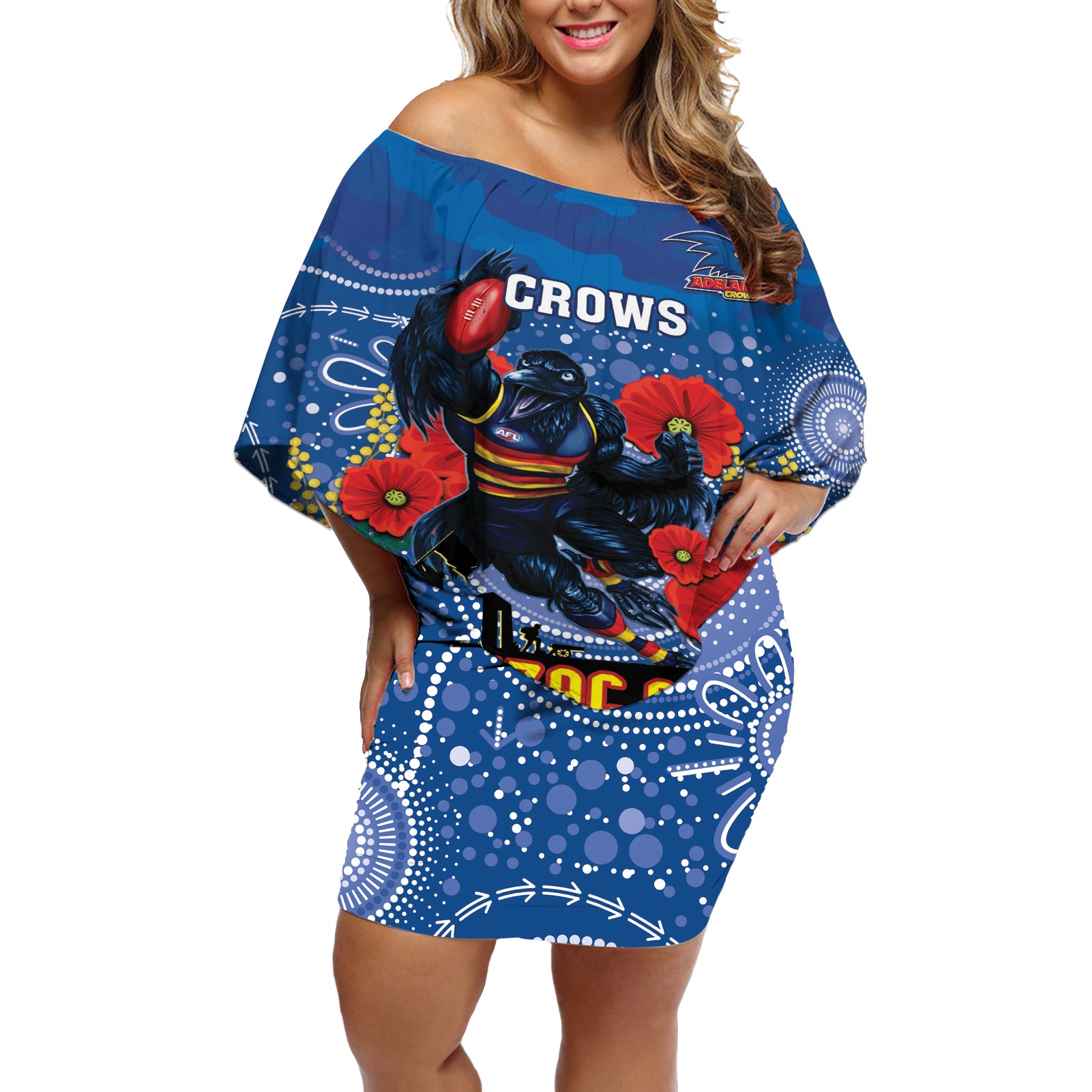 Custom Crows Football ANZAC Off Shoulder Short Dress Gallipoli Camouflage With Poppies