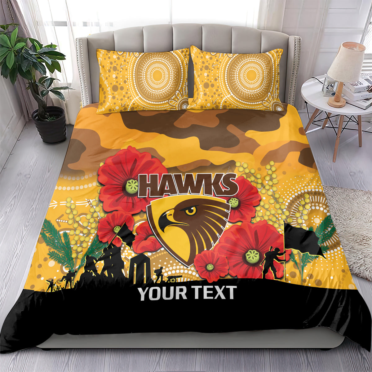 Custom Hawks Football ANZAC Bedding Set Gallipoli Camouflage With Poppies