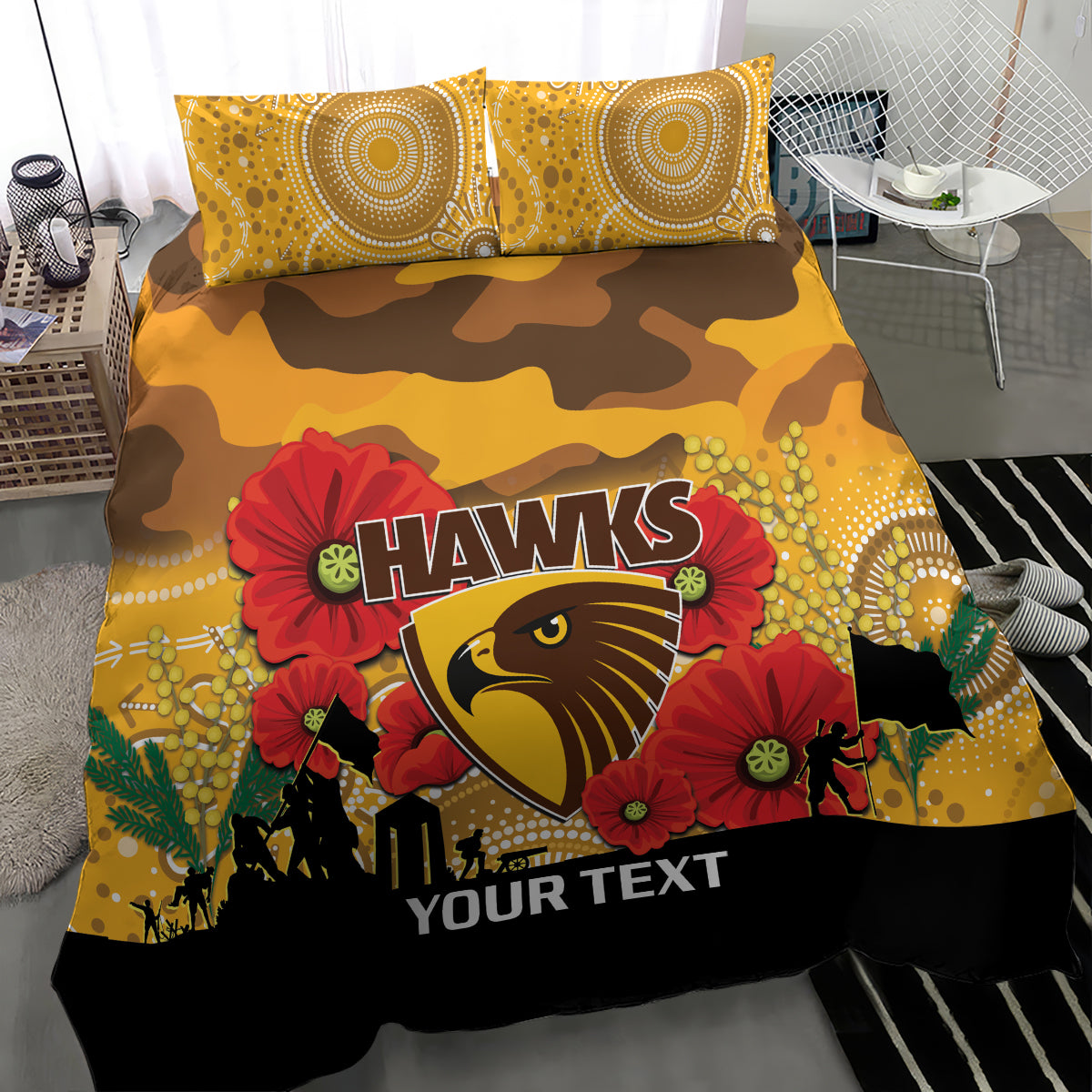 Custom Hawks Football ANZAC Bedding Set Gallipoli Camouflage With Poppies