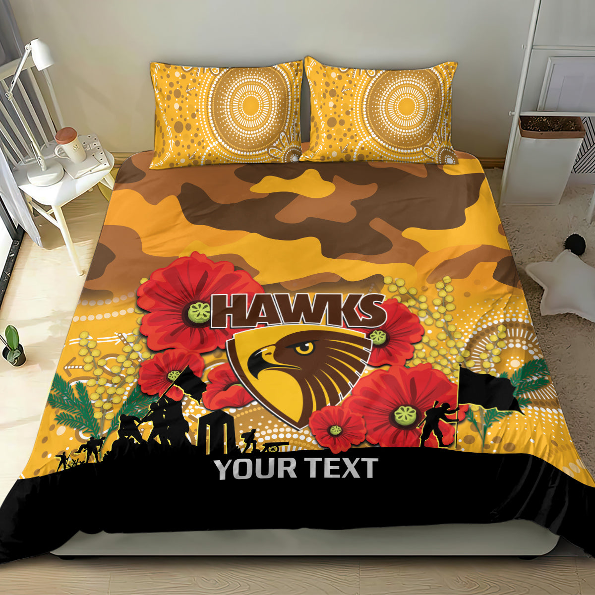 Custom Hawks Football ANZAC Bedding Set Gallipoli Camouflage With Poppies