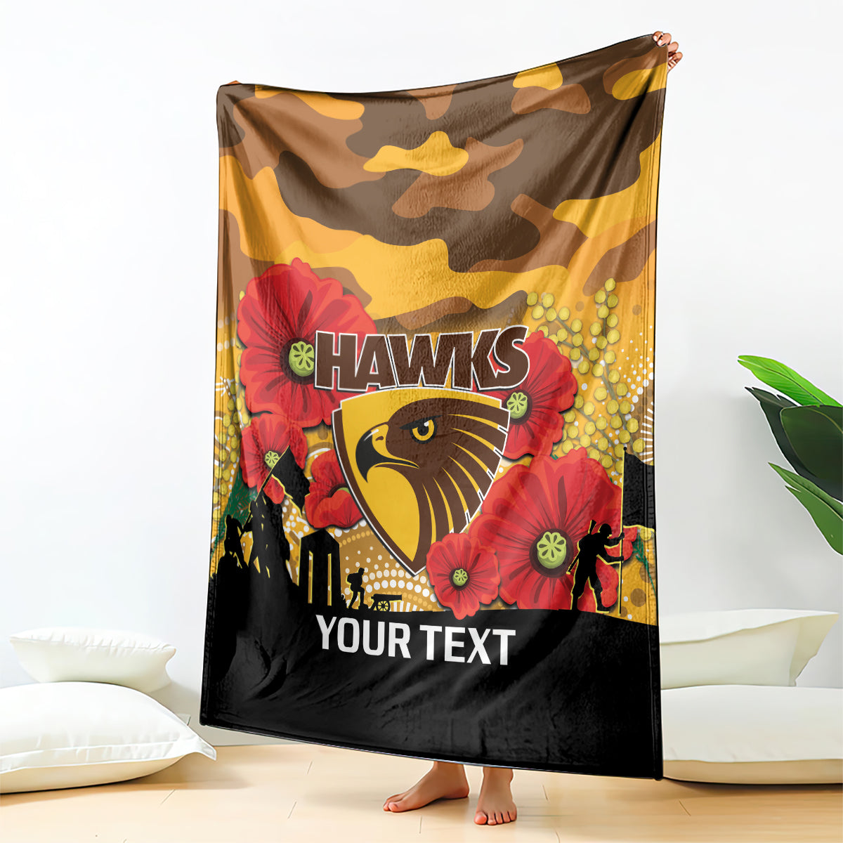 Custom Hawks Football ANZAC Blanket Gallipoli Camouflage With Poppies