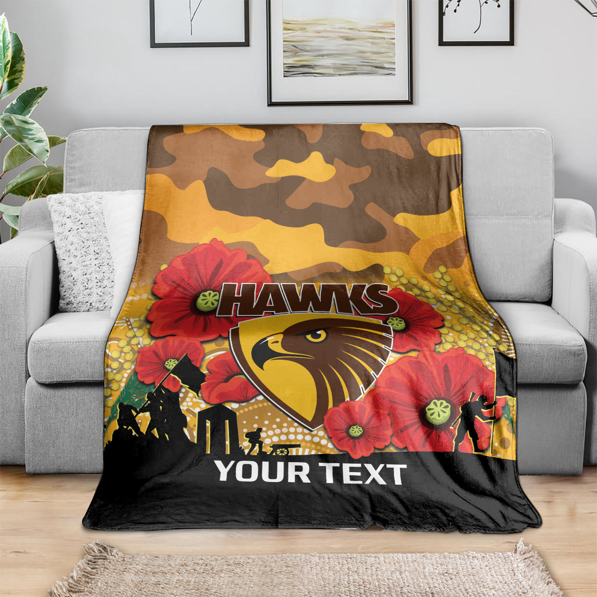 Custom Hawks Football ANZAC Blanket Gallipoli Camouflage With Poppies