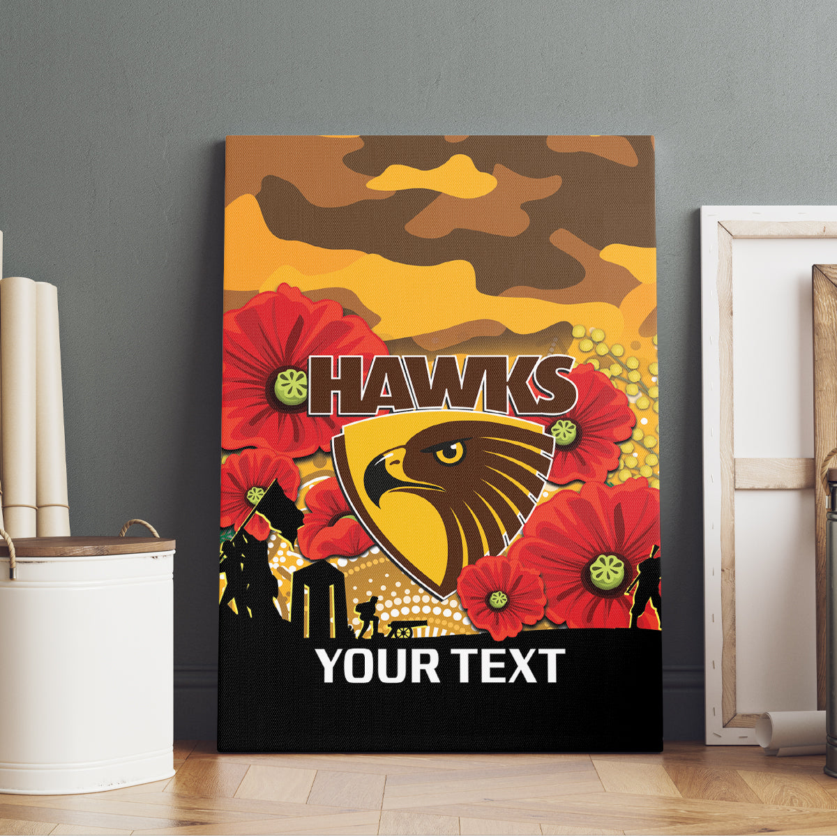 Custom Hawks Football ANZAC Canvas Wall Art Gallipoli Camouflage With Poppies