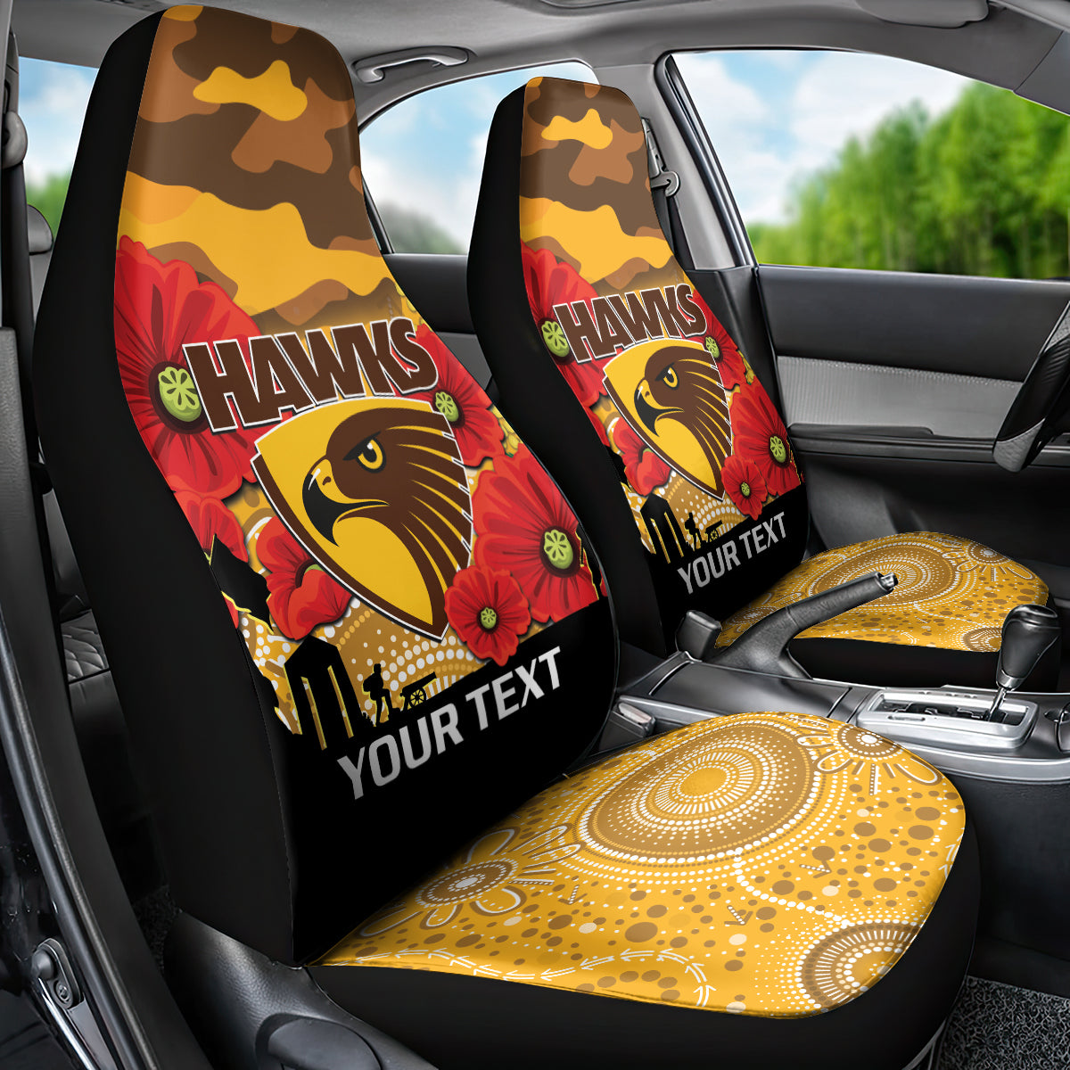 Custom Hawks Football ANZAC Car Seat Cover Gallipoli Camouflage With Poppies