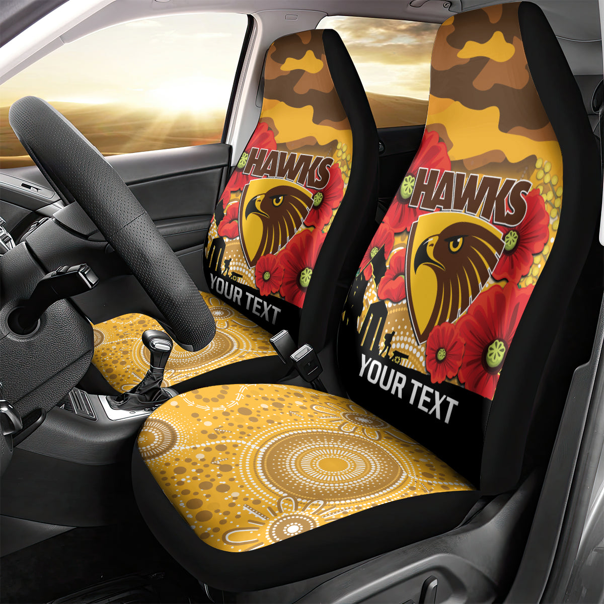 Custom Hawks Football ANZAC Car Seat Cover Gallipoli Camouflage With Poppies