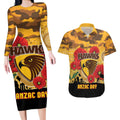 Custom Hawks Football ANZAC Couples Matching Long Sleeve Bodycon Dress and Hawaiian Shirt Gallipoli Camouflage With Poppies